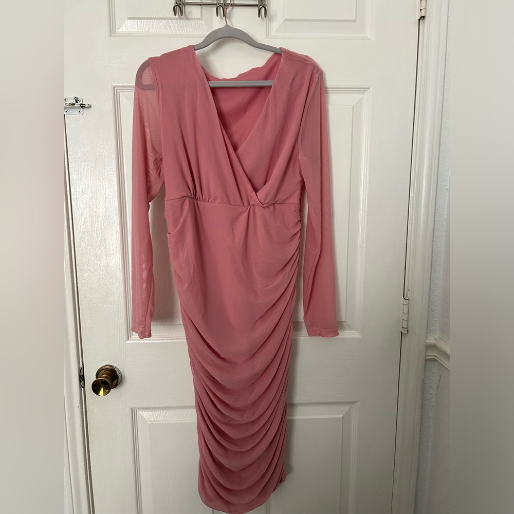 SHEIN Rose Pink Long Sleeve Draped Midi Dress